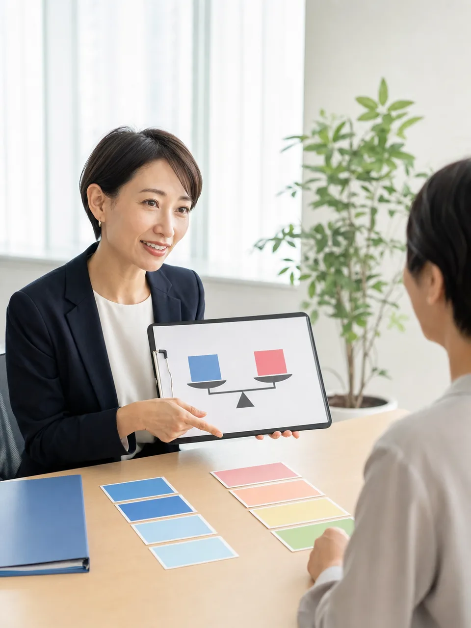 給与と福利厚生を説明する日本人担当者（自然な縦位置写真）。給与説明、福利厚生、人事、報酬制度の記事や案内に使える商用素材です。