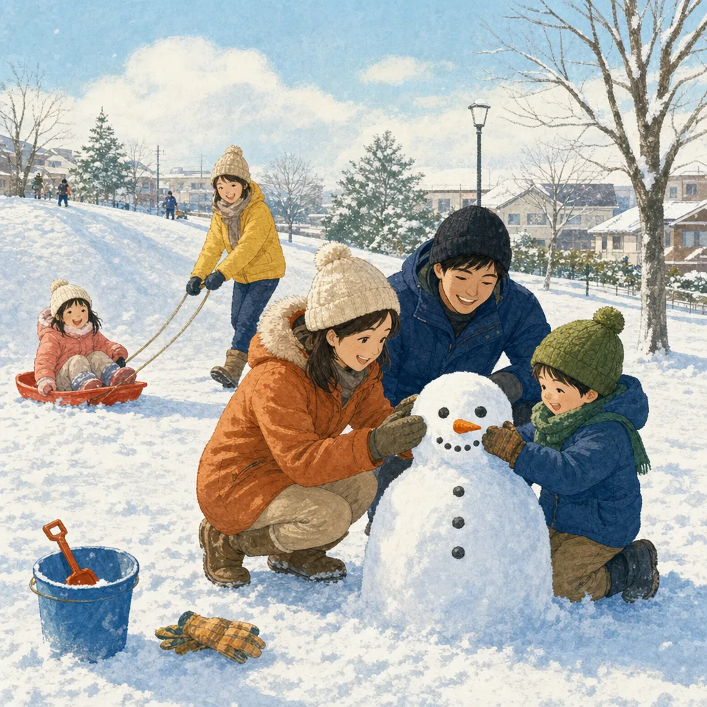 雪遊びを楽しむ日本人家族（編集記事向け）。雪遊び、冬、親子、屋外レジャーの記事向け素材です。