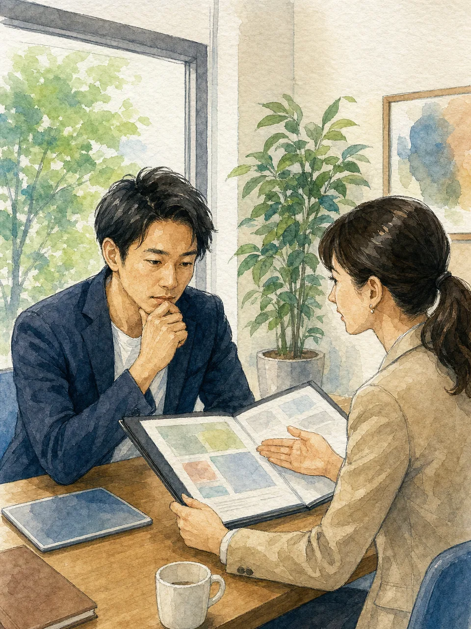 転職相談をする日本人会社員（手描き水彩）。転職、人材紹介、キャリア形成の記事やサービス紹介に使える相談場面です。
