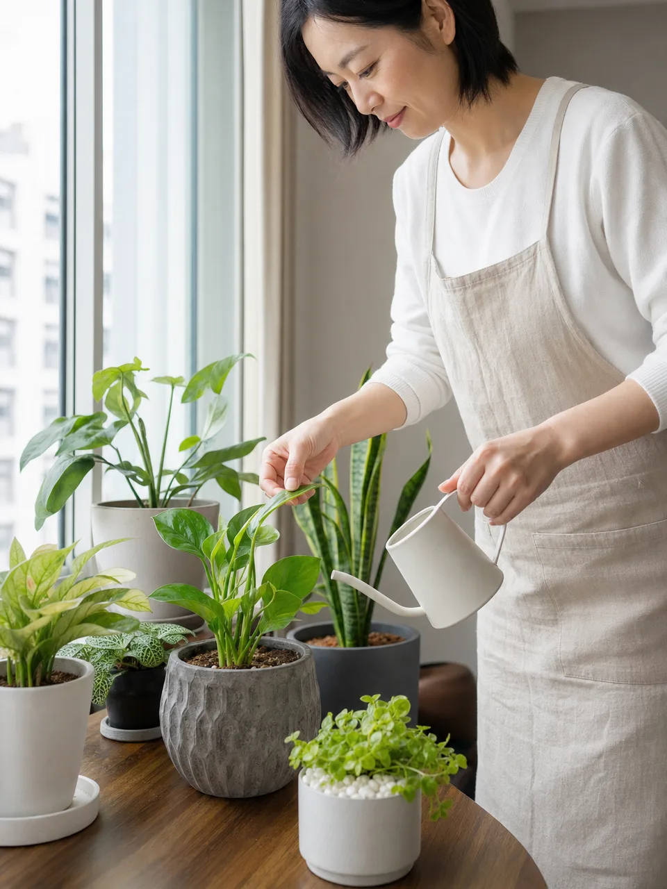 観葉植物を手入れする日本人（自然な縦位置写真）。観葉植物の手入れ、室内園芸、暮らし、趣味の記事向け素材です。