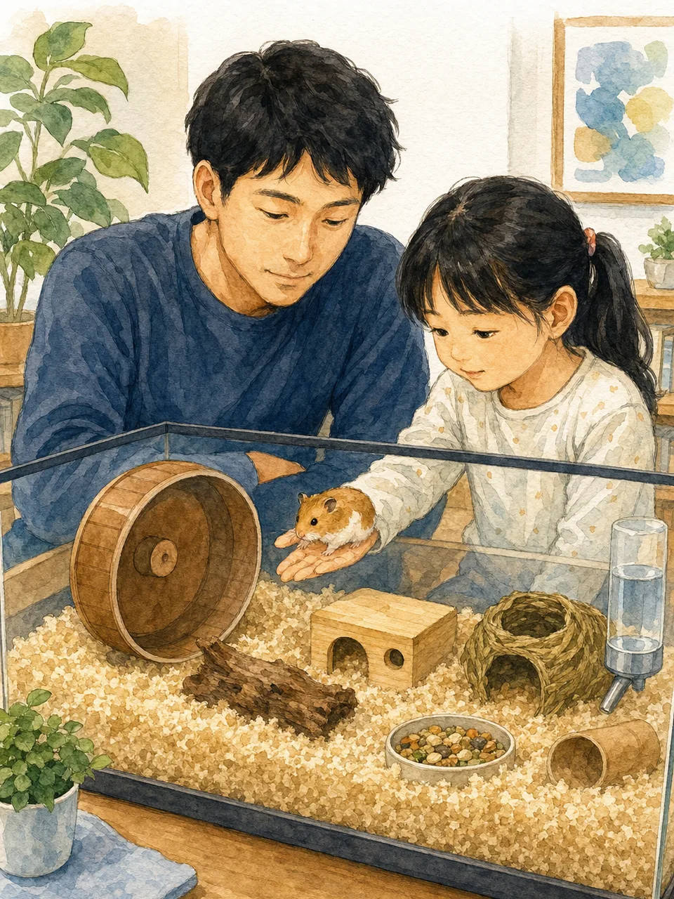 ハムスターを世話する日本人家族（手描き水彩）。ハムスター、小動物、ペットケア、家族の記事向け素材です。