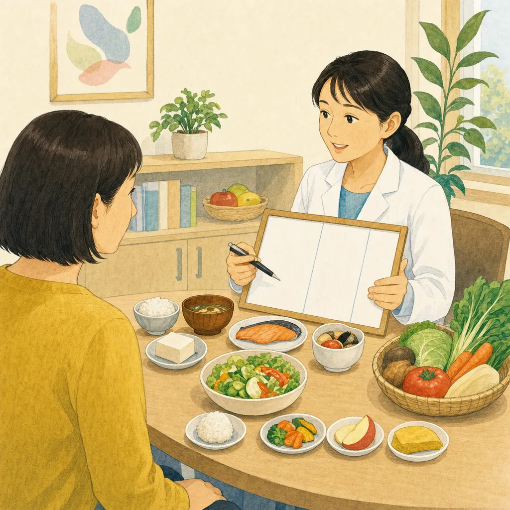 食生活を支援する日本人栄養士（編集記事向け）。栄養士、食事相談、健康づくり、生活習慣の記事向け素材です。