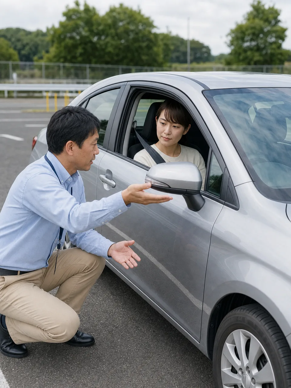 安全運転を教える日本人教習指導員（自然な縦位置写真）。自動車教習所、運転指導、安全運転の記事向け素材です。