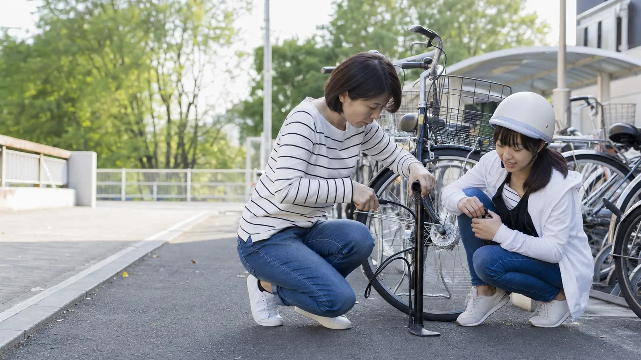 自転車を整備する日本人の母と娘（横長・コピースペース）。母と娘、自転車整備、親子、日常の記事向け素材です。