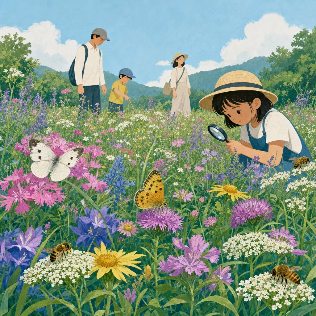 花粉を運ぶ昆虫が訪れる草地（編集記事向け）。送粉者、ポリネーター、草花、生物多様性の記事や案内に使える商用素材です。