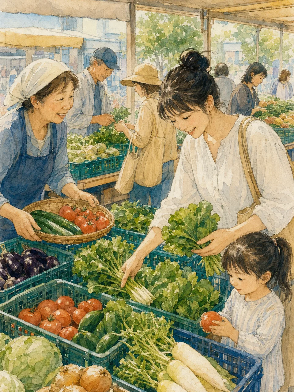 旬の野菜を選ぶ日本人（手描き水彩）。直売所、旬の野菜、農産物、地産地消の記事や案内に使える商用素材です。