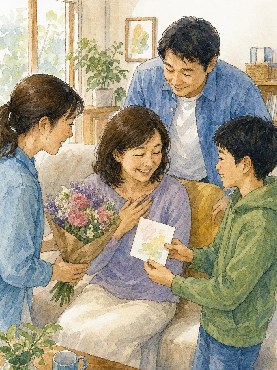 母の日に感謝を伝える日本人家族（手描き水彩）。母の日、家族、感謝、春の行事の記事向け素材です。