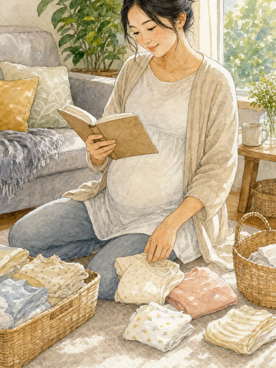 穏やかに過ごす日本人の妊婦（手描き水彩）。妊娠、出産準備、母子保健、働き方の記事に使える、妊婦の自然な生活素材です。