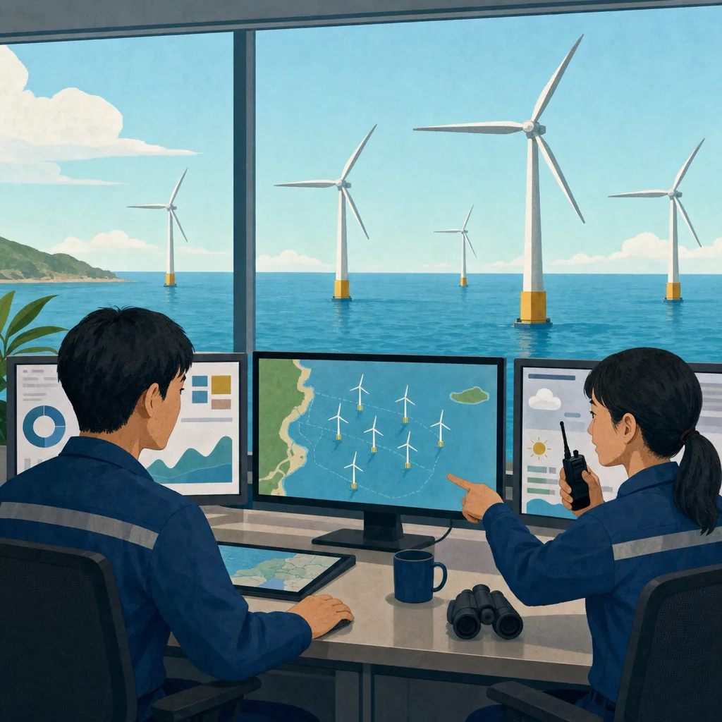 洋上風力発電を監視する日本人技術者（編集記事向け）。洋上風力発電、再生可能エネルギー、風力発電、設備監視の記事や案内に使える商用素材です。