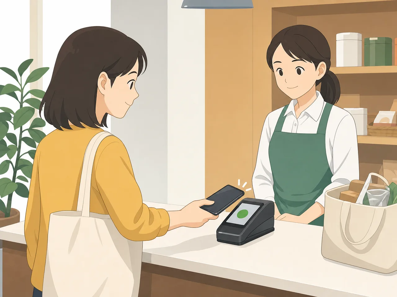 電子決済を利用する日本人の買い物客（フラットイラスト）。電子決済、キャッシュレス、買い物、小売の記事向け素材です。
