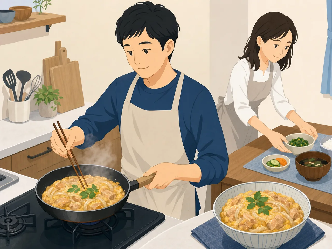 親子丼を作る日本人（フラットイラスト）。親子丼、丼料理、家庭料理、昼食の記事向け素材です。