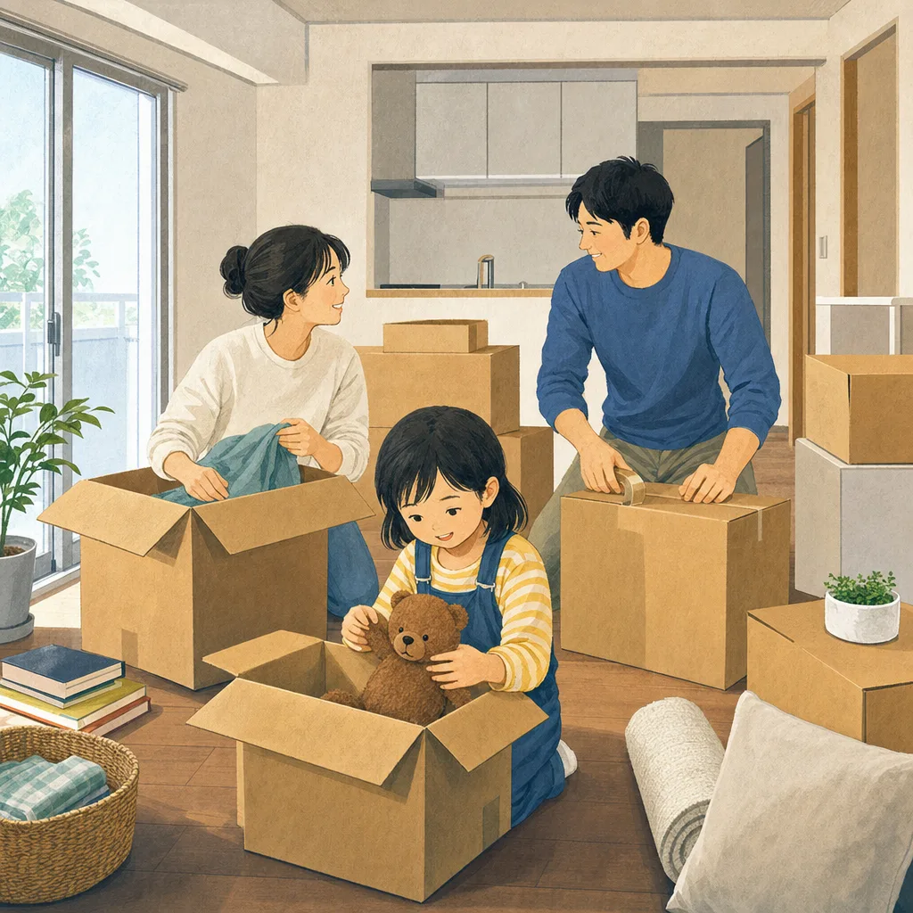 新居へ引っ越す日本人家族（編集記事向け）。不動産、引っ越し、新生活、住宅サービスの案内に使える家族素材です。
