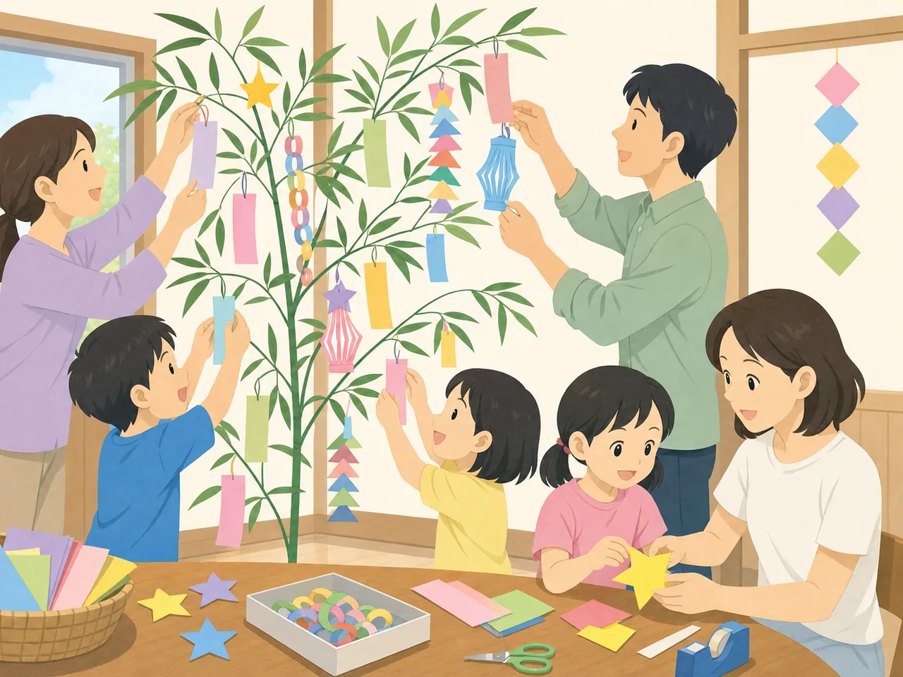 七夕飾りを作る日本の子どもたち（フラットイラスト）。七夕、夏の行事、保育、地域イベントに使える季節素材です。