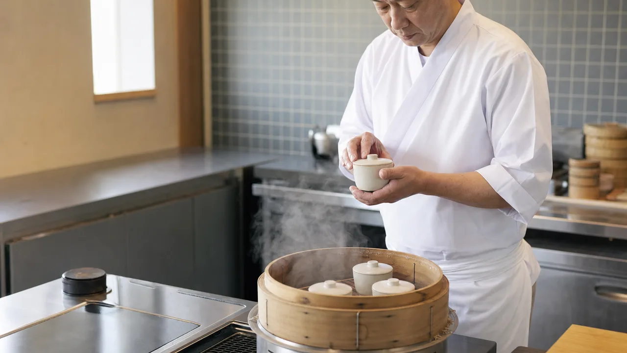 茶碗蒸しを作る日本人（横長・コピースペース）。茶碗蒸し、和食、蒸し料理、日本料理の記事や案内に使える商用素材です。