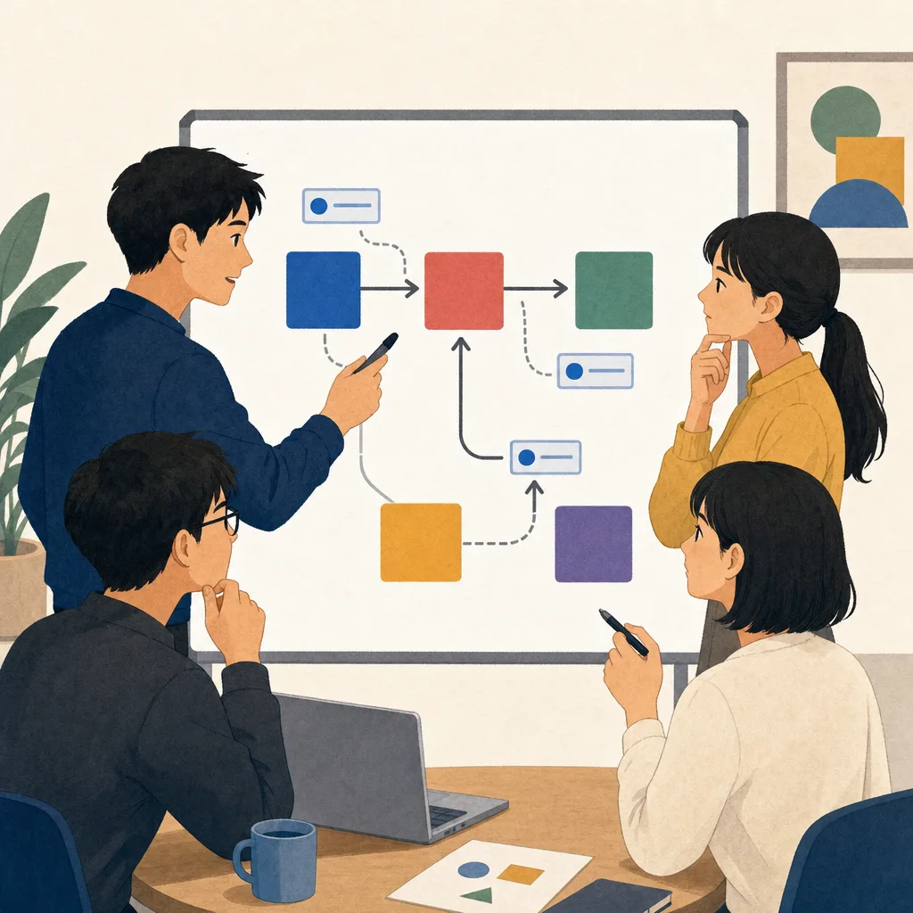 API設計をレビューする日本人技術者（編集記事向け）。API設計、ソフトウェア開発、システム連携、設計レビューの記事や案内に使える商用素材です。