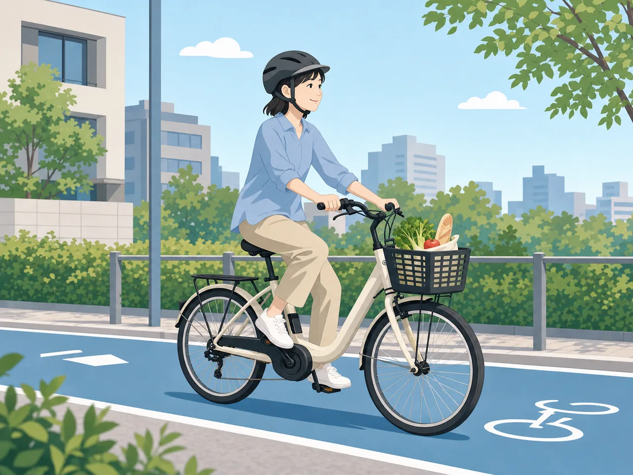 電動自転車で買い物に行く日本人（フラットイラスト）。電動自転車で買い物、電動アシスト自転車、自転車の買い物、ヘルメットの記事や案内に使える商用素材です。