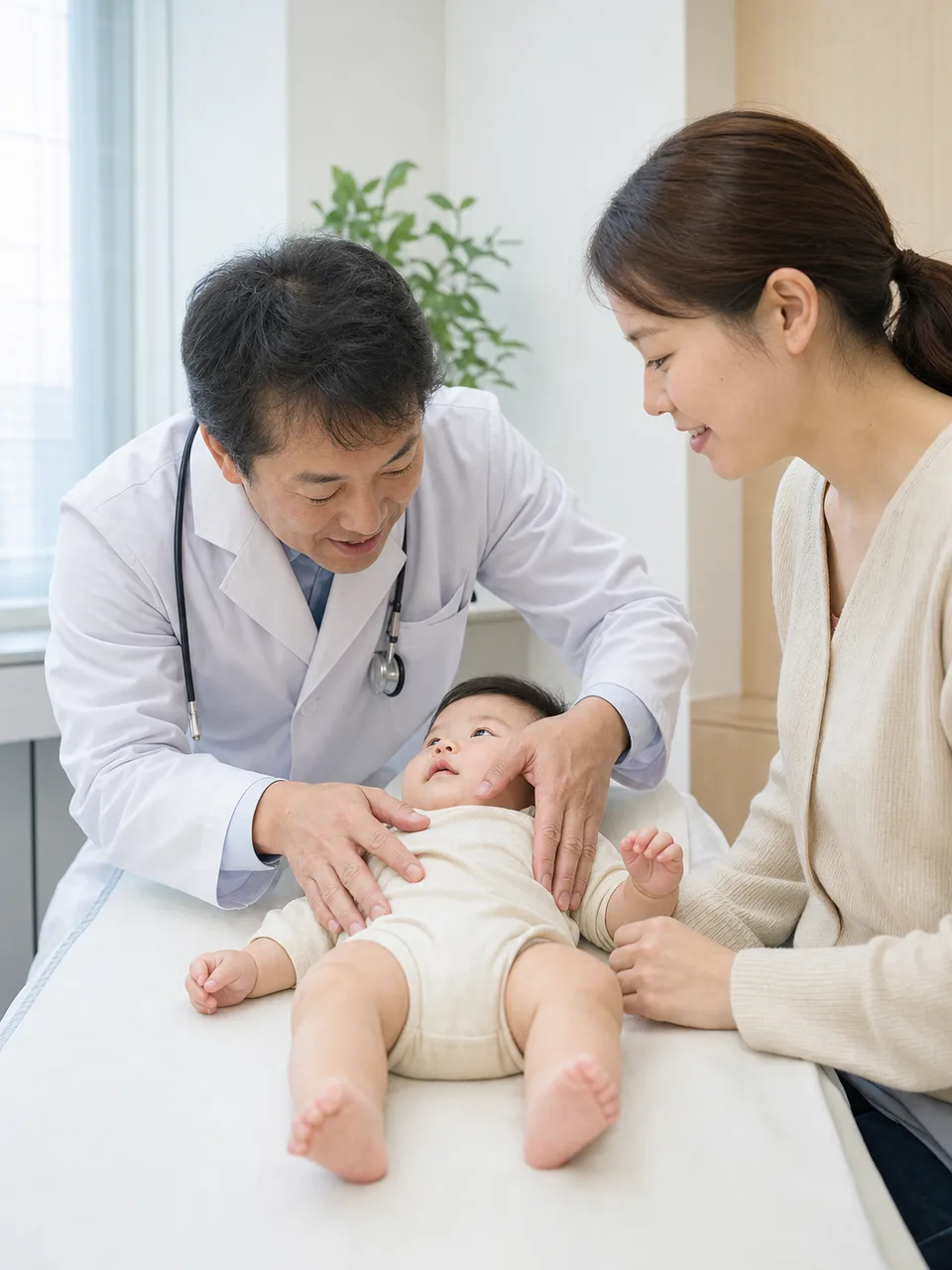 赤ちゃんの乳幼児健診（自然な縦位置写真）。小児科、自治体、母子保健の案内に使える、乳児と保護者の健診素材です。