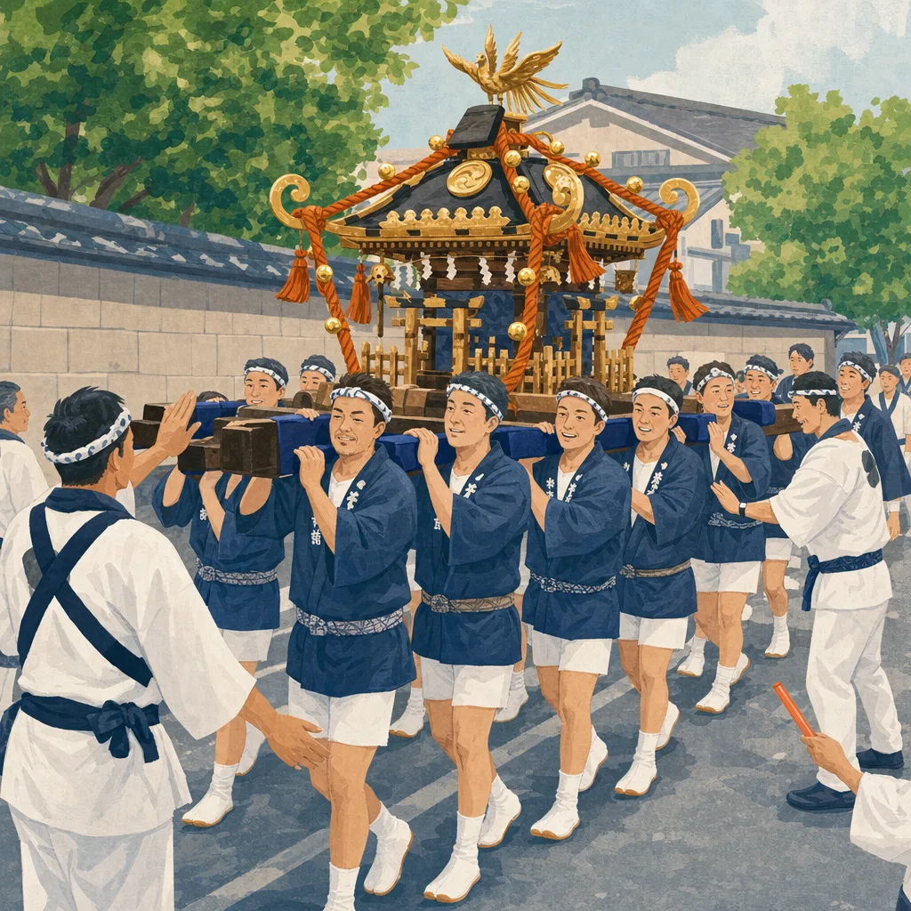 神輿を支える日本人地域住民（編集記事向け）。神輿、地域祭り、伝統行事、祭礼の記事や案内に使える商用素材です。