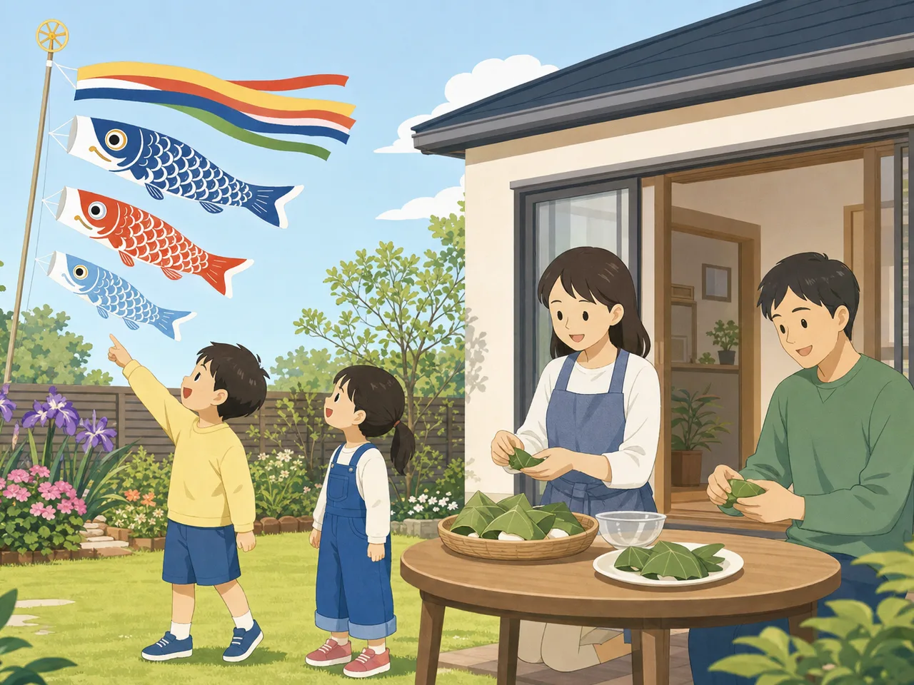 こどもの日を祝う日本人家族（フラットイラスト）。こどもの日、鯉のぼり、家族、春の行事の記事向け素材です。