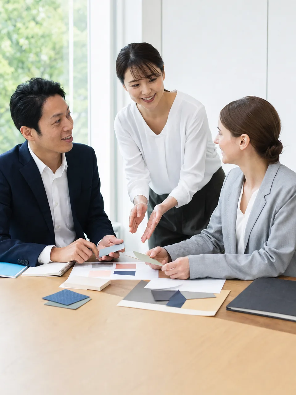 多言語で協働する日本人と海外顧客（自然な縦位置写真）。多言語会議、海外顧客、国際ビジネス、通訳の記事や案内に使える商用素材です。