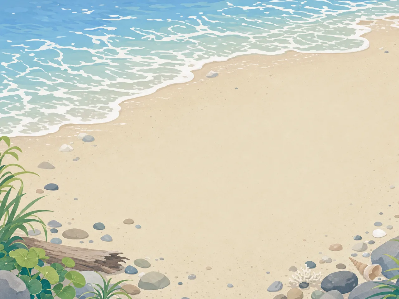 日本の海岸に寄せる波（フレームイラスト）。海の波、海岸、自然、水の動きの記事向け素材です。