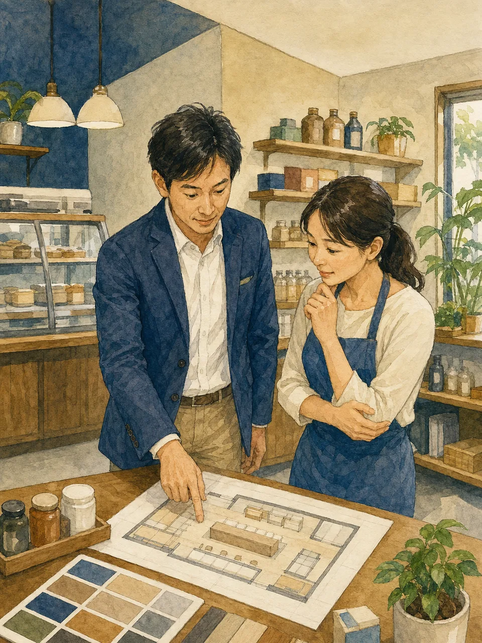 店舗運営を確認する日本人フランチャイズ担当者（手描き水彩）。フランチャイズ、店舗運営、店長、経営支援の記事や案内に使える商用素材です。