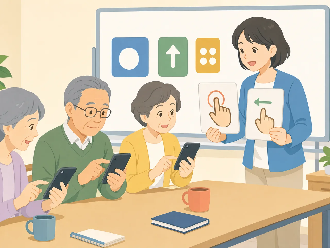スマートフォンを学ぶ日本人シニア（フラットイラスト）。スマホ教室、シニア、デジタル活用、スマートフォンの記事や案内に使える商用素材です。