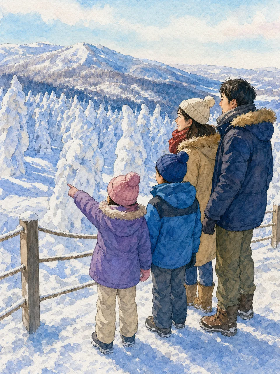 山形の樹氷を安全に楽しむ旅行者（手描き水彩）。山形旅行、樹氷、雪景色、東北旅行の記事や案内に使える商用素材です。