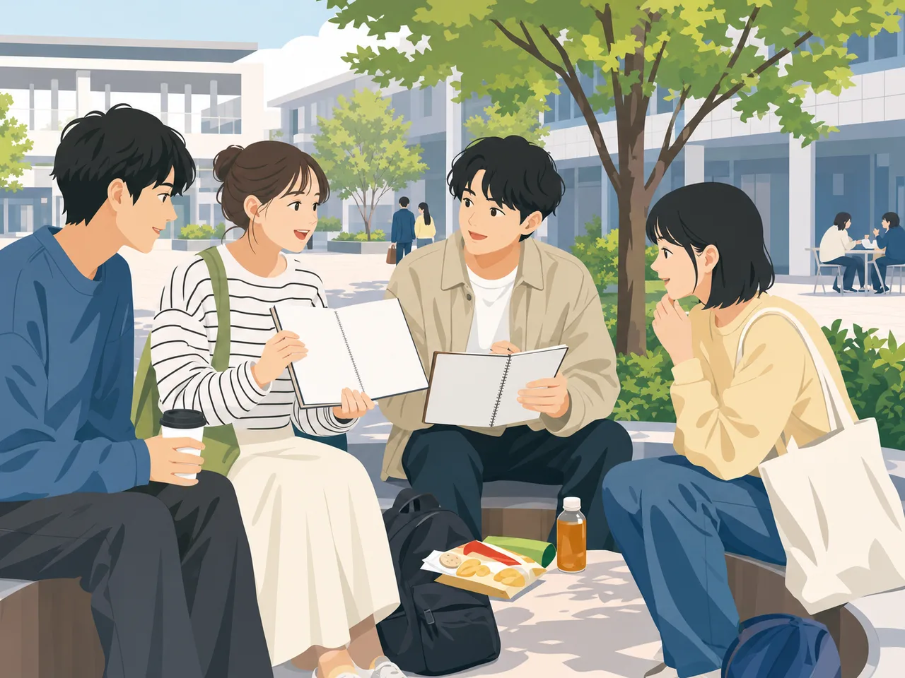 キャンパスで過ごす日本人大学生の友人（フラットイラスト）。大学生の友人、キャンパス、友情、学生生活の記事向け素材です。