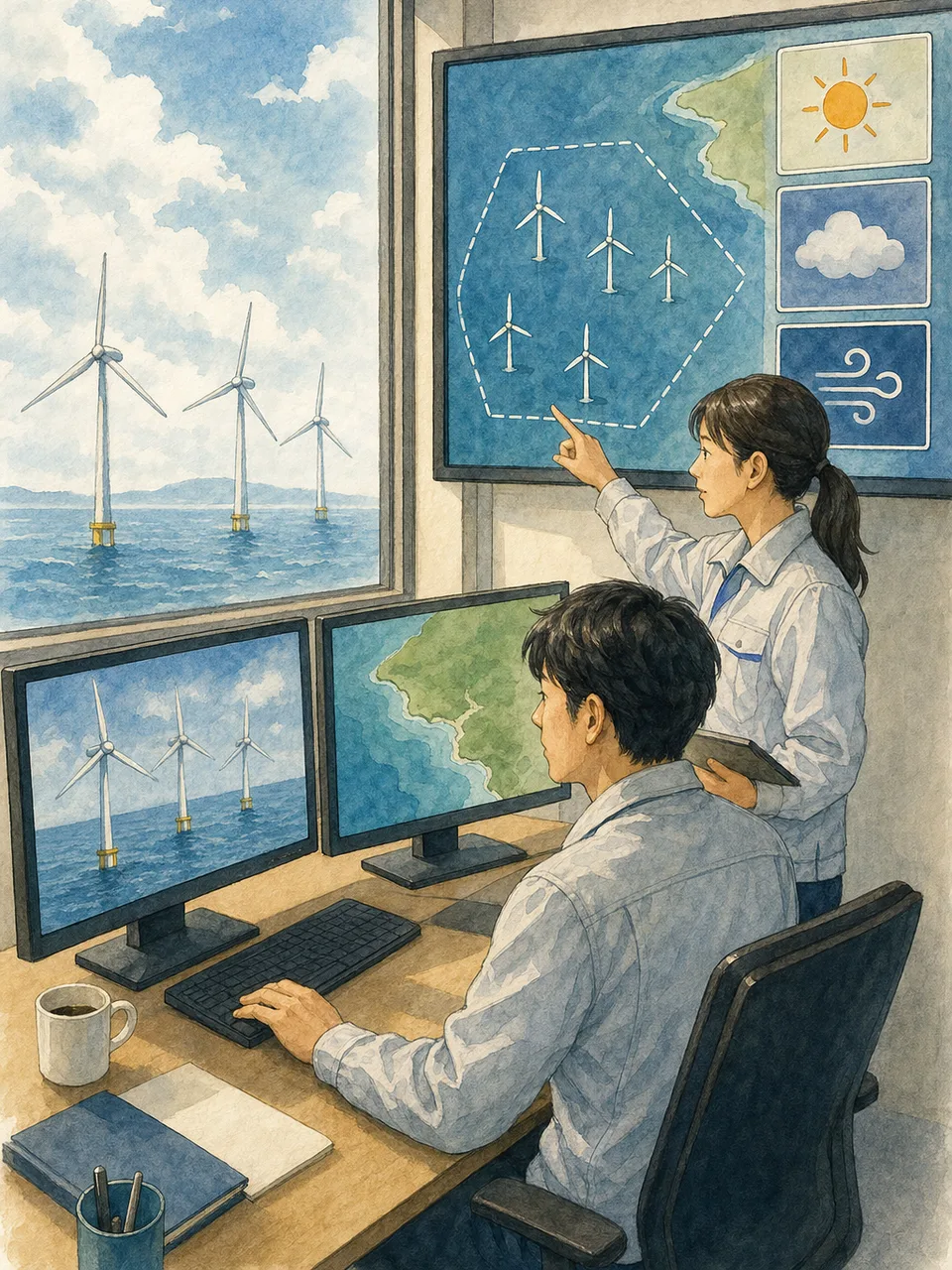 洋上風力発電を監視する日本人技術者（手描き水彩）。洋上風力発電、再生可能エネルギー、風力発電、設備監視の記事や案内に使える商用素材です。