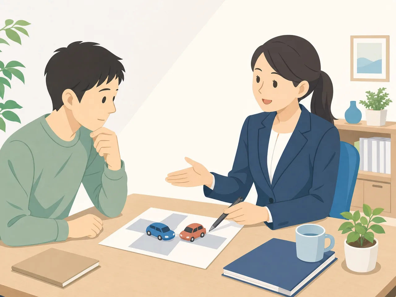 交通事故後の保険相談をする日本人（フラットイラスト）。交通事故、自動車保険、事故対応、相談窓口の記事向け素材です。