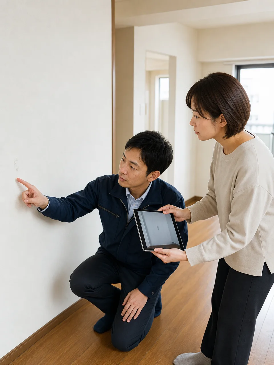 退去立会いをする日本人入居者（自然な縦位置写真）。退去立会い、賃貸、原状確認、引越しの記事向け素材です。