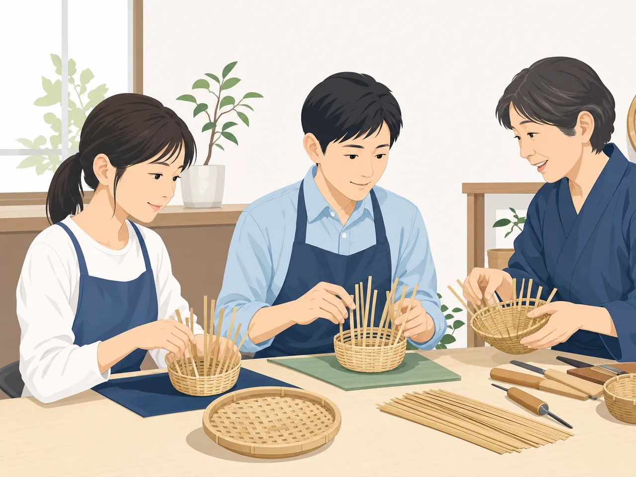 竹細工を学ぶ日本人（フラットイラスト）。竹細工、伝統工芸、かご編み、職人体験の記事や案内に使える商用素材です。