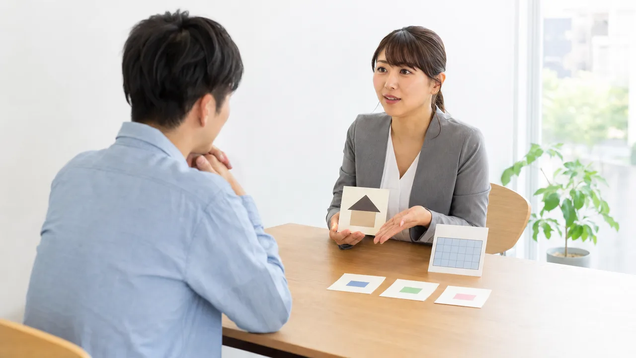 家賃保証を説明する日本人担当者（横長・コピースペース）。家賃保証、賃貸契約、保証会社、入居審査の記事や案内に使える商用素材です。