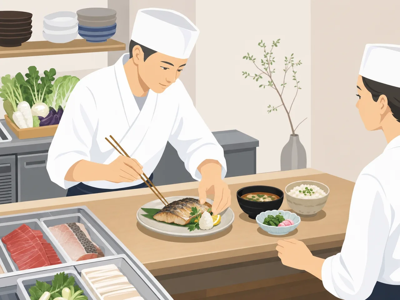 料理を仕上げる日本人調理師（フラットイラスト）。調理師、飲食店、厨房、料理人の記事向け素材です。