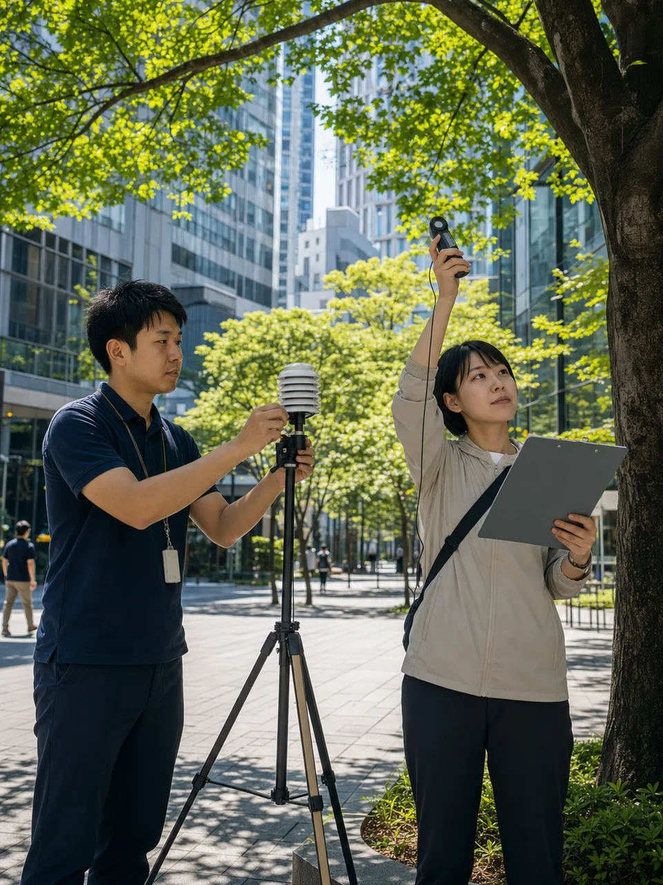 都市の暑さを測る日本人調査員（自然な縦位置写真）。ヒートアイランド、暑さ対策、都市環境、気温測定の記事や案内に使える商用素材です。