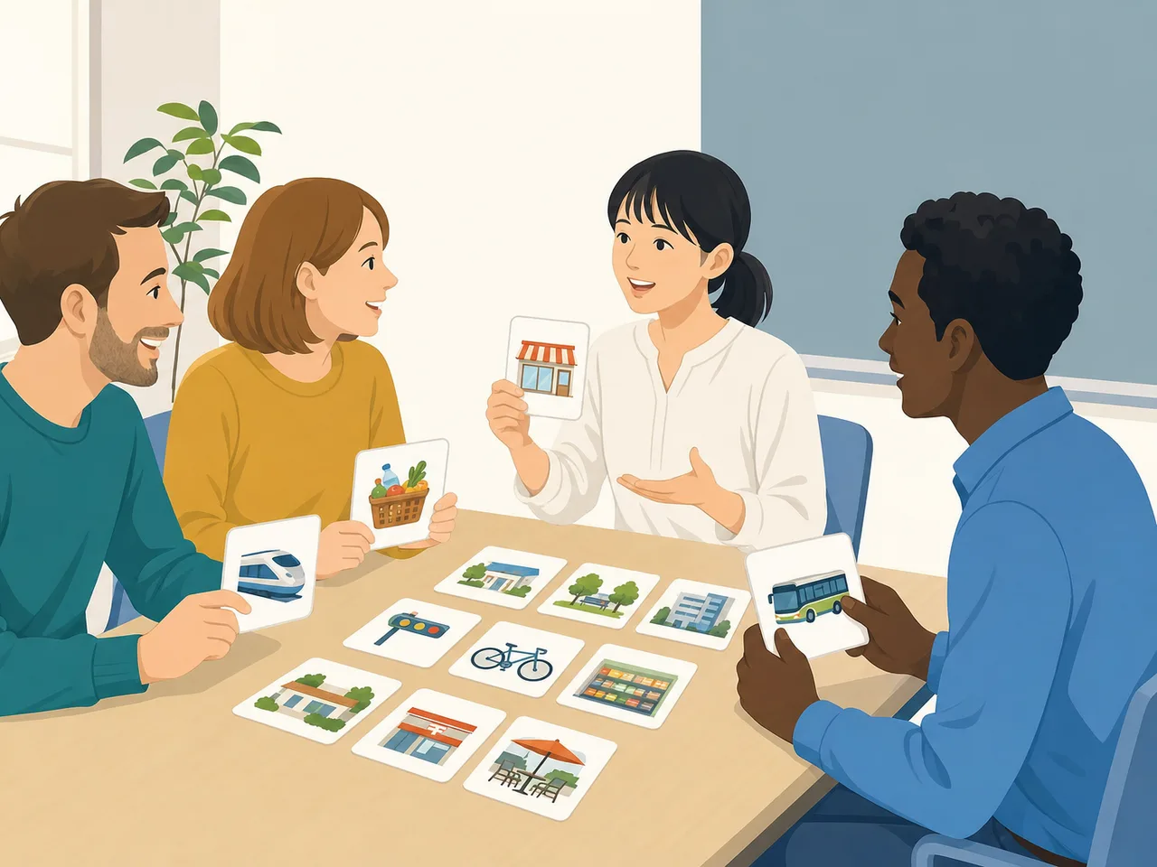 日本語教室で学ぶ外国人住民（フラットイラスト）。日本語教室、外国人住民、多文化共生、地域学習の記事向け素材です。
