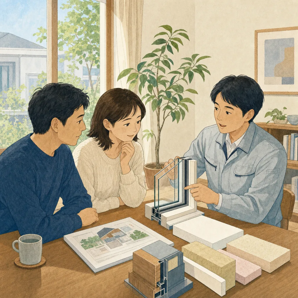 住宅の断熱を確認する日本人（編集記事向け）。住宅の断熱、省エネ住宅、窓、住宅性能の記事向け素材です。