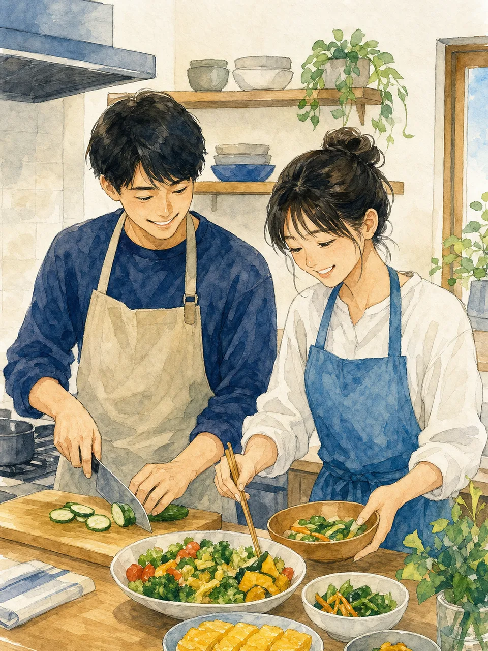 一緒に料理する日本人きょうだい（手描き水彩）。成人きょうだいの料理、きょうだいで作る家庭料理、きょうだい、兄弟姉妹の記事や案内に使える商用素材です。