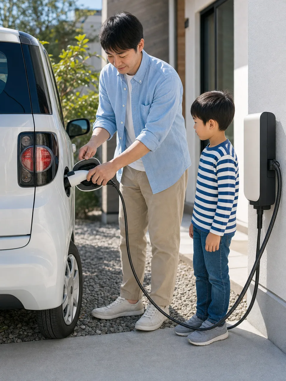 自宅で電気自動車を充電する日本人家族（自然な縦位置写真）。電気自動車、EV充電、脱炭素、住宅設備の記事に使える素材です。