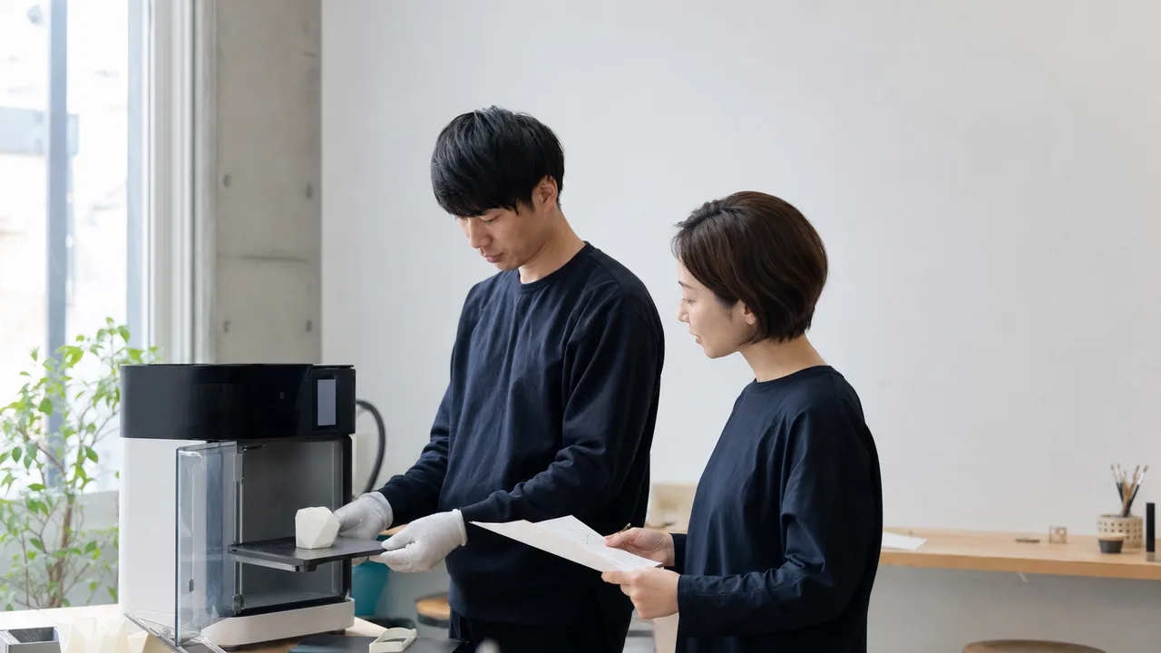 3Dプリンターで試作する日本人技術者（横長・コピースペース）。3Dプリンター、試作、ものづくり、設計の記事向け素材です。