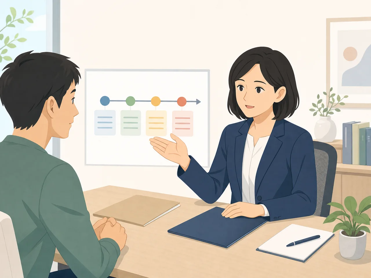 法律相談を受ける日本人と弁護士（フラットイラスト）。弁護士、法律相談、法務、専門家サービスの記事向け素材です。