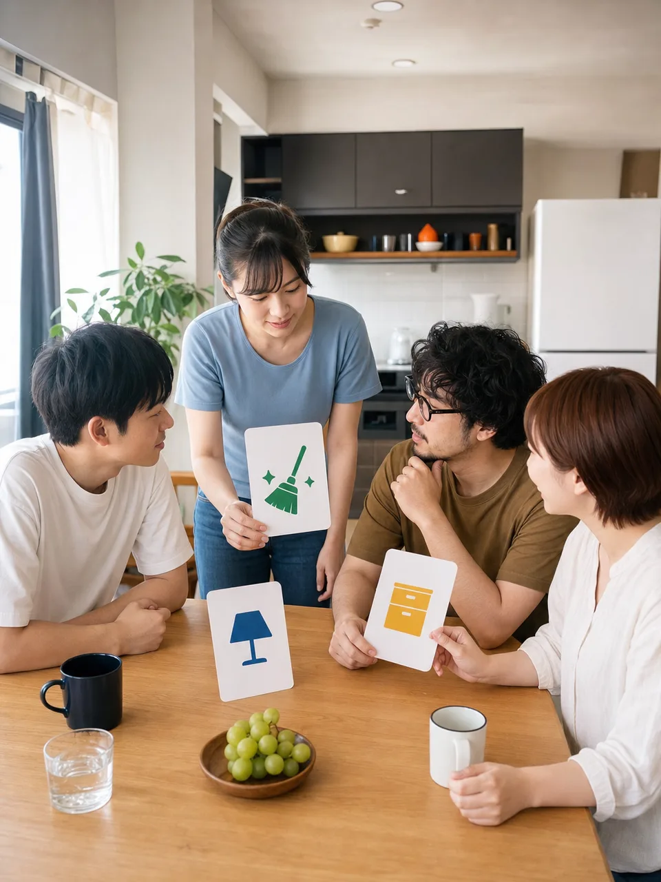 シェアハウスの暮らしを話し合う日本人（自然な縦位置写真）。シェアハウス生活ルール、共用スペースの使い方、共同生活、シェアハウスの記事や案内に使える商用素材です。