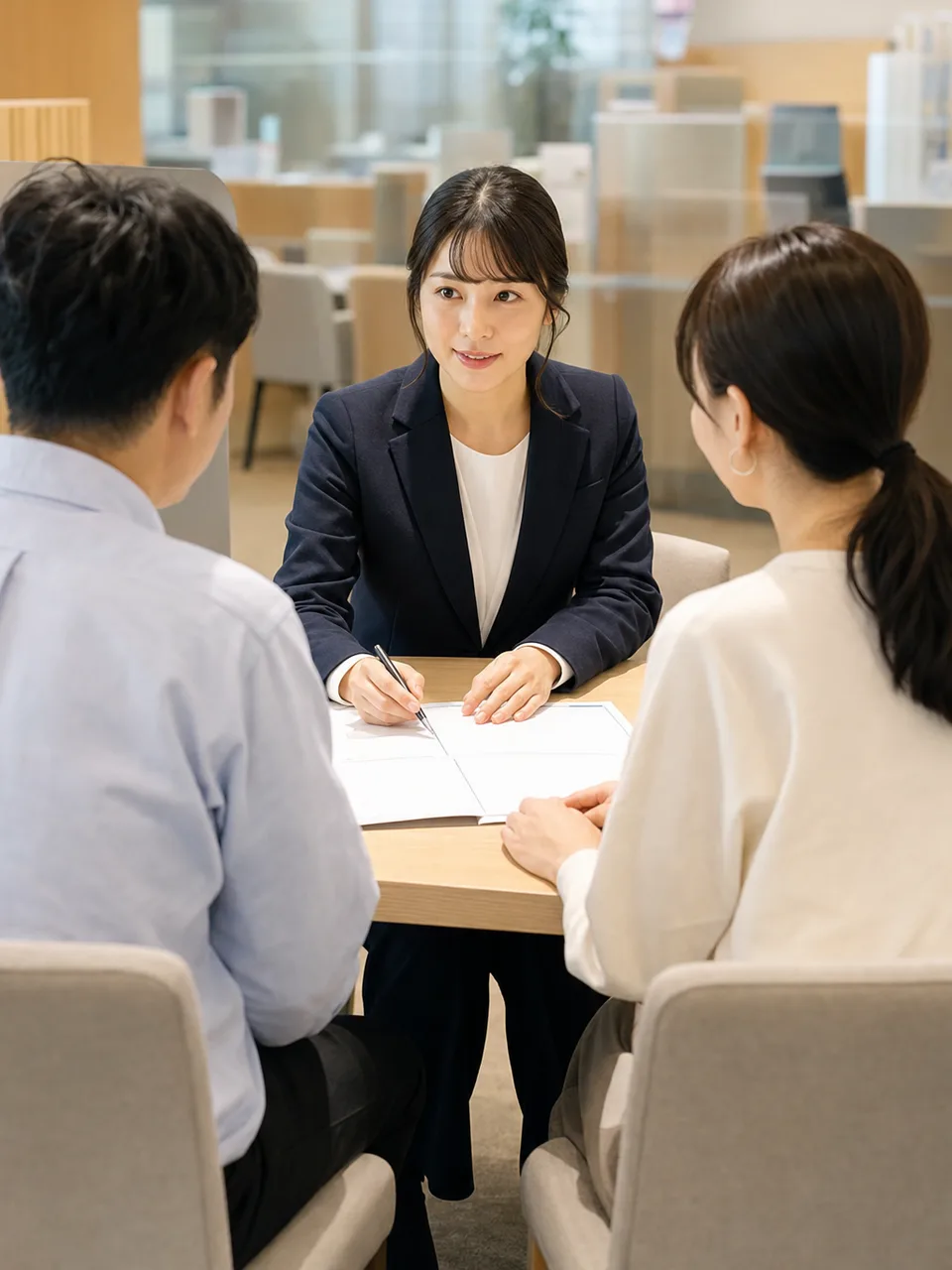 銀行で相談に応じる日本人行員（自然な縦位置写真）。銀行員、金融相談、家計、資産形成の記事に使える素材です。