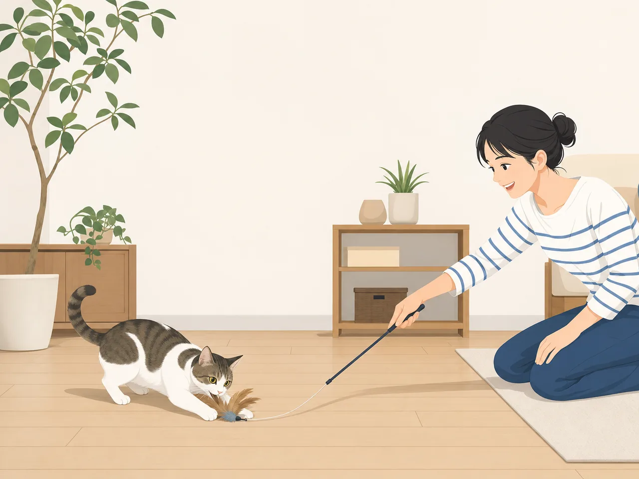 おもちゃで遊ぶ日本人と猫（フラットイラスト）。猫のおもちゃ、遊び、ペット、室内飼育の記事向け素材です。