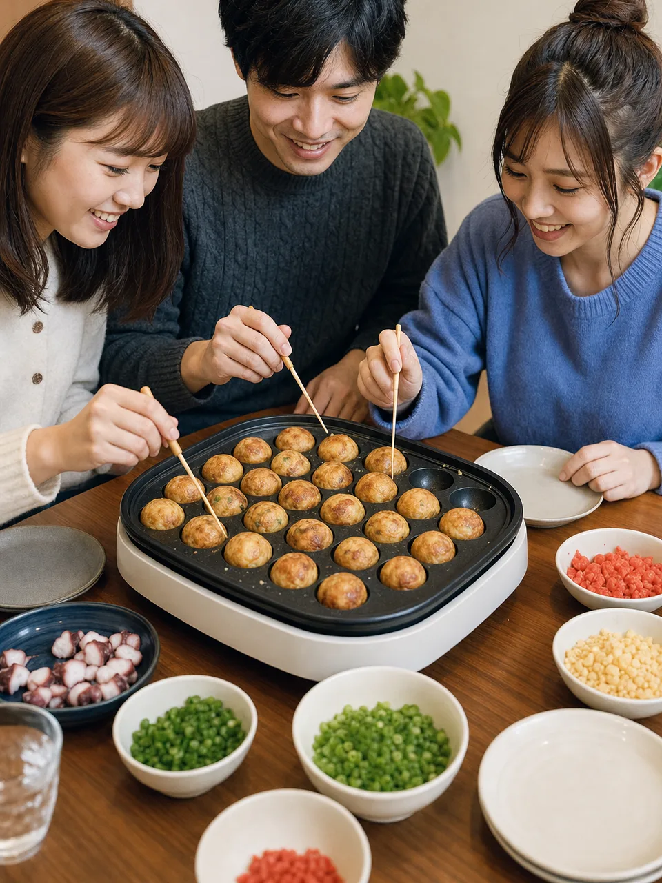 たこ焼きを作る日本人（自然な縦位置写真）。たこ焼き、大阪グルメ、家庭料理、食イベントの記事向け素材です。