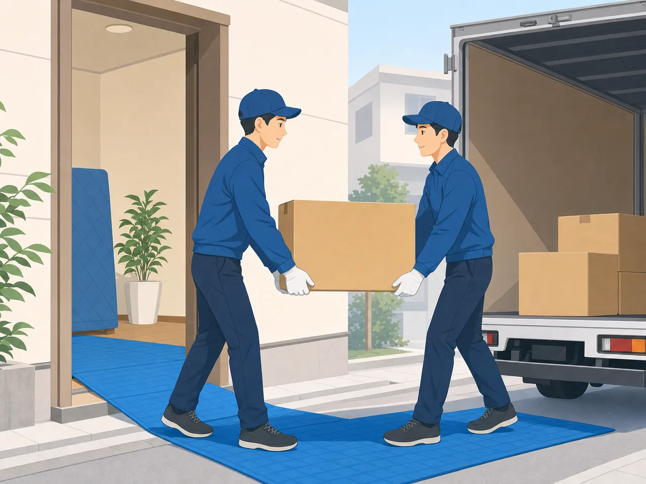 引越しを支える日本人作業員（フラットイラスト）。引越し業者、運搬、新生活、住み替えの記事向け素材です。