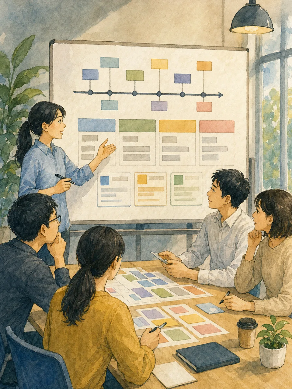 システム障害を振り返る日本人チーム（手描き水彩）。障害振り返り、ポストモーテム、システム障害、インシデント管理の記事や案内に使える商用素材です。