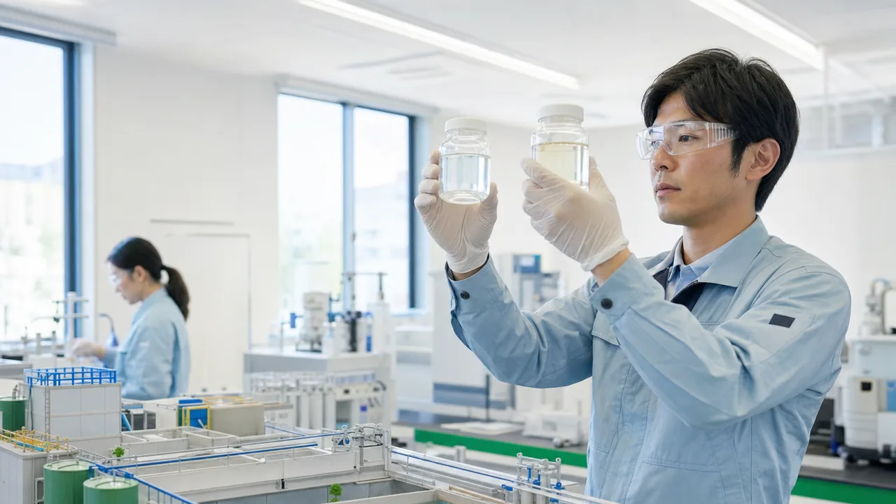排水処理を分析する日本人技術者（横長・コピースペース）。排水処理、水処理、環境分析、水質検査の記事や案内に使える商用素材です。