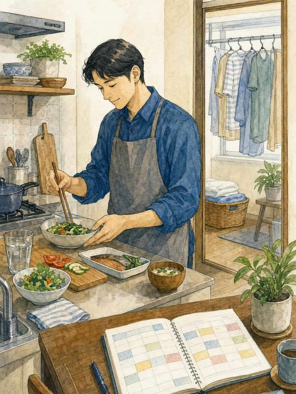 一人暮らしをする日本人男性（手描き水彩）。一人暮らしの男性、自炊、家事、暮らしの記事向け素材です。
